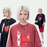 American Retro Washed And Worn Street Tide Brand Men's Clothing Heart Printing Loose Casual Short-sleeved T-shirt